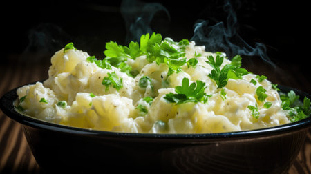 Potato salad with green peas and parsley in a black bowlの素材