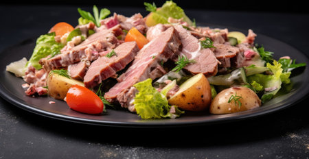 Salad with roast beef, potatoes and vegetables on a black plateの素材