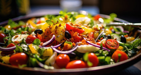 Greek salad with fresh vegetables, feta cheese, olives and red onionの素材