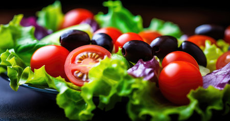 Fresh salad with tomatoes, olives and lettuce on black background.の素材
