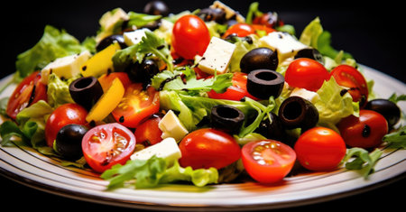 Greek salad with feta cheese, cherry tomatoes, olives and herbsの素材