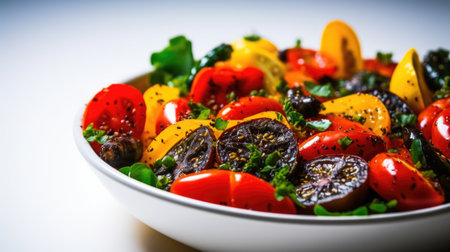 Salad of cherry tomatoes with parsley and olive oil on white backgroundの素材