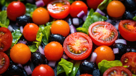 Fresh vegetable salad with cherry tomatoes, black olives and red onionの素材