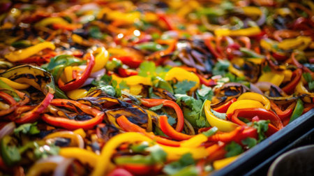 Sliced colorful bell pepper on a grill pan. Selective focus.の素材