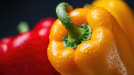 Red and yellow bell pepper with water drops on black background, closeupの素材