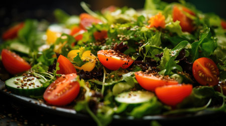 Fresh salad with cherry tomatoes, cucumbers, lettuce and sesame seedsの素材