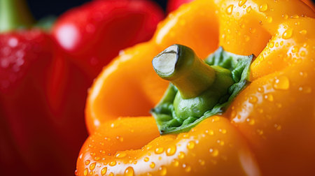 Close up of red and yellow bell pepper with water droplets.の素材