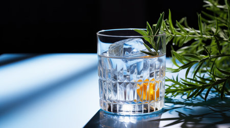 Glass of whiskey with ice cubes and fresh rosemary on black backgroundの素材