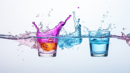 Colorful splashes of water in glasses on a white background.の素材