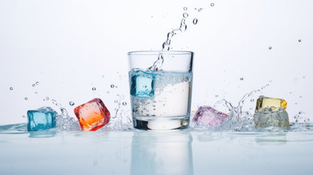 Glass of water with ice cubes and splashes isolated on white backgroundの素材