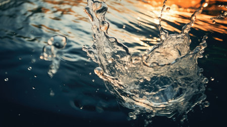 Underwater scene with bubbles in the water. Close-up. Water splashes on a dark blue background with bokeh effectの素材