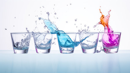 Colorful splashes of water in shot glasses on a white backgroundの素材