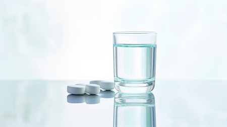 Glass of water and pills on white background. Selective focus.の素材