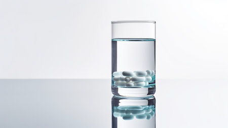 Glass of water and pills on white background. Selective focus.の素材