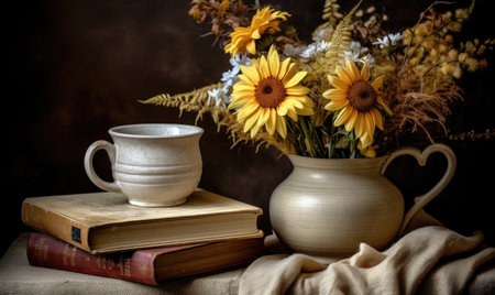 Still life with a cup of coffee, books and sunflowersの素材