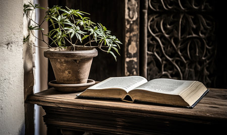 Open book and potted plant on a wooden shelf.の素材