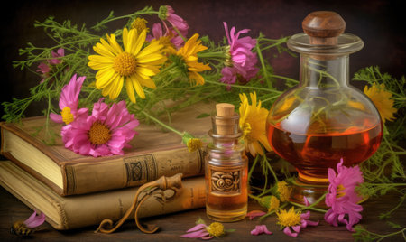 Wild flowers and herbs and a bottle of oil on a wooden table. Still life with flowers and old booksの素材