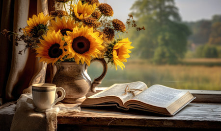 Autumn still life with sunflowers and a book on the windowsillの素材