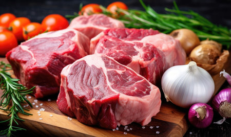 Raw beef steak with ingredients for cooking on a dark wooden table.の素材
