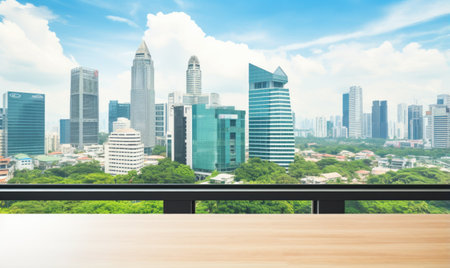 Empty wooden table and modern city skyline background, product display montageの素材