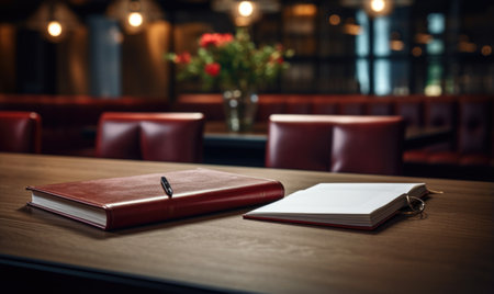 Notebook and pen on a table in a restaurant, shallow depth of fieldの素材