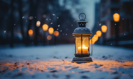 Lantern on the snow in the night city. Christmas background.の素材