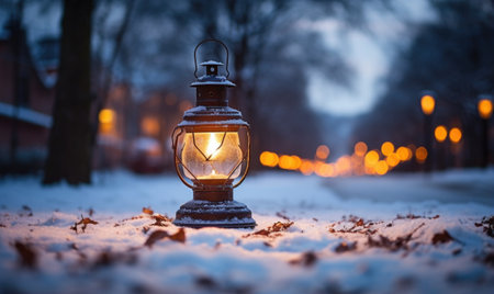 Lantern on the background of the night city. Winter landscape.の素材