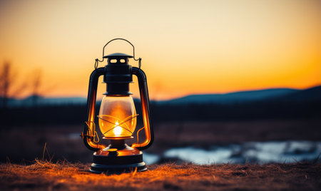 Kerosene lamp on the field at sunset. Camping conceptの素材