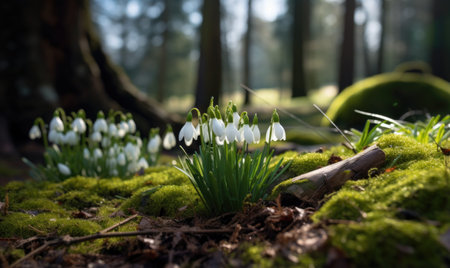 Beautiful snowdrops in the forest. Early spring in Europe.の素材