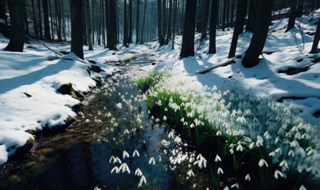 Forest covered with snowdrops. Early spring landscapeの素材