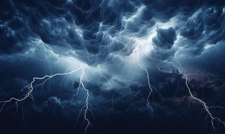 Fiery thunderstorm over the sea. Thunderstorm and lightning in the night sky.の素材