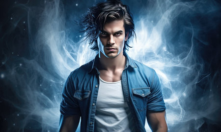 Handsome young man in blue shirt and jeans posing in smokeの素材