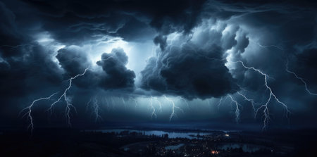 Dark stormy sky with lightning and dark silhouettes of cityscapeの素材