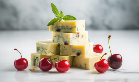 cheese with cherries on a white marble background. tinting. selective focusの素材