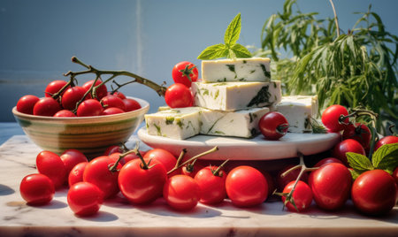 Cherry tomatoes, feta cheese and basil on a wooden tableの素材