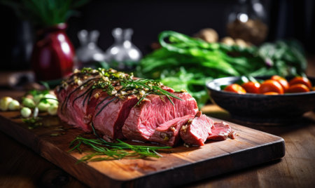 Beef steak with herbs and vegetables on a wooden cutting board.の素材