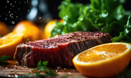Fresh raw beef steak with orange and salad on wooden table, selective focusの素材