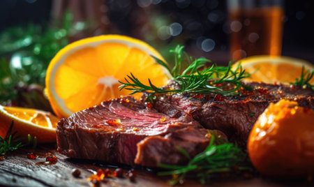 Steak with orange and dill on wooden background. Selective focus.の素材