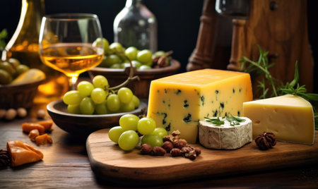 Cheese composition with grapes, nuts and wine on wooden table.の素材