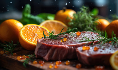 Grilled beef steak with oranges and spices on a dark background.の素材