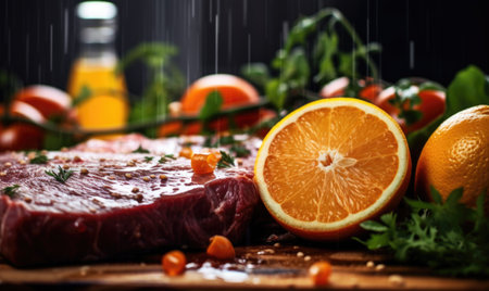 Fresh raw beef steak with orange and herbs on a wooden table.の素材