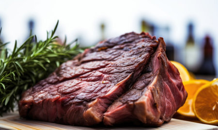 Grilled beef steak with rosemary and lemon on wooden board.の素材