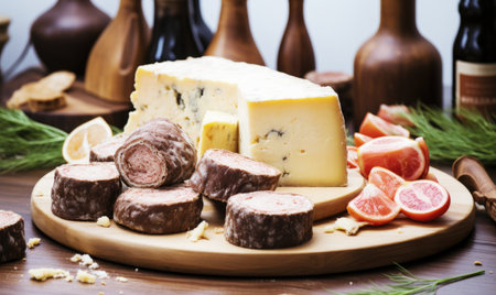 Slices of cheese and salami on a wooden board.の素材