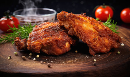 Fried chicken wings with rosemary and spices on a wooden boardの素材