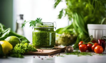 Green pesto sauce in a glass jar with ingredients on a white tableの素材
