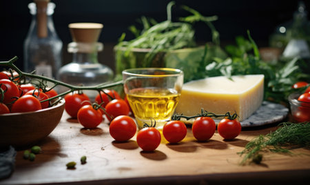 Tomatoes, olive oil and cheese on a wooden table. food backgroundの素材
