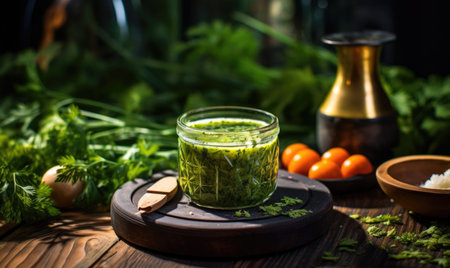 Spinach sauce in a glass on a wooden background. Selective focus.の素材