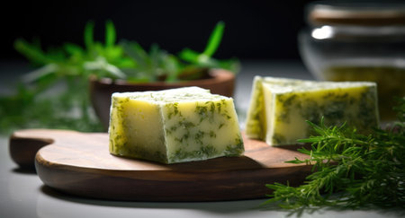 Homemade cheese with herbs and olive oil on a wooden board.の素材