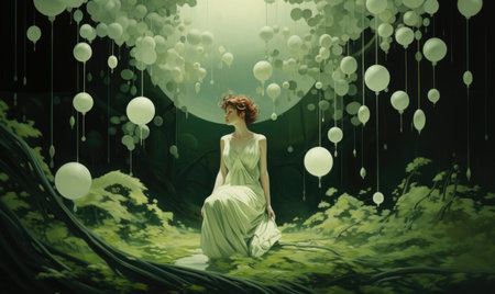 Young woman in white dress in fantasy forest with white balloons.の素材