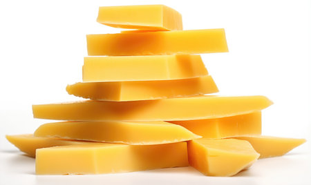 Slices of cheese on a white background, close-upの素材